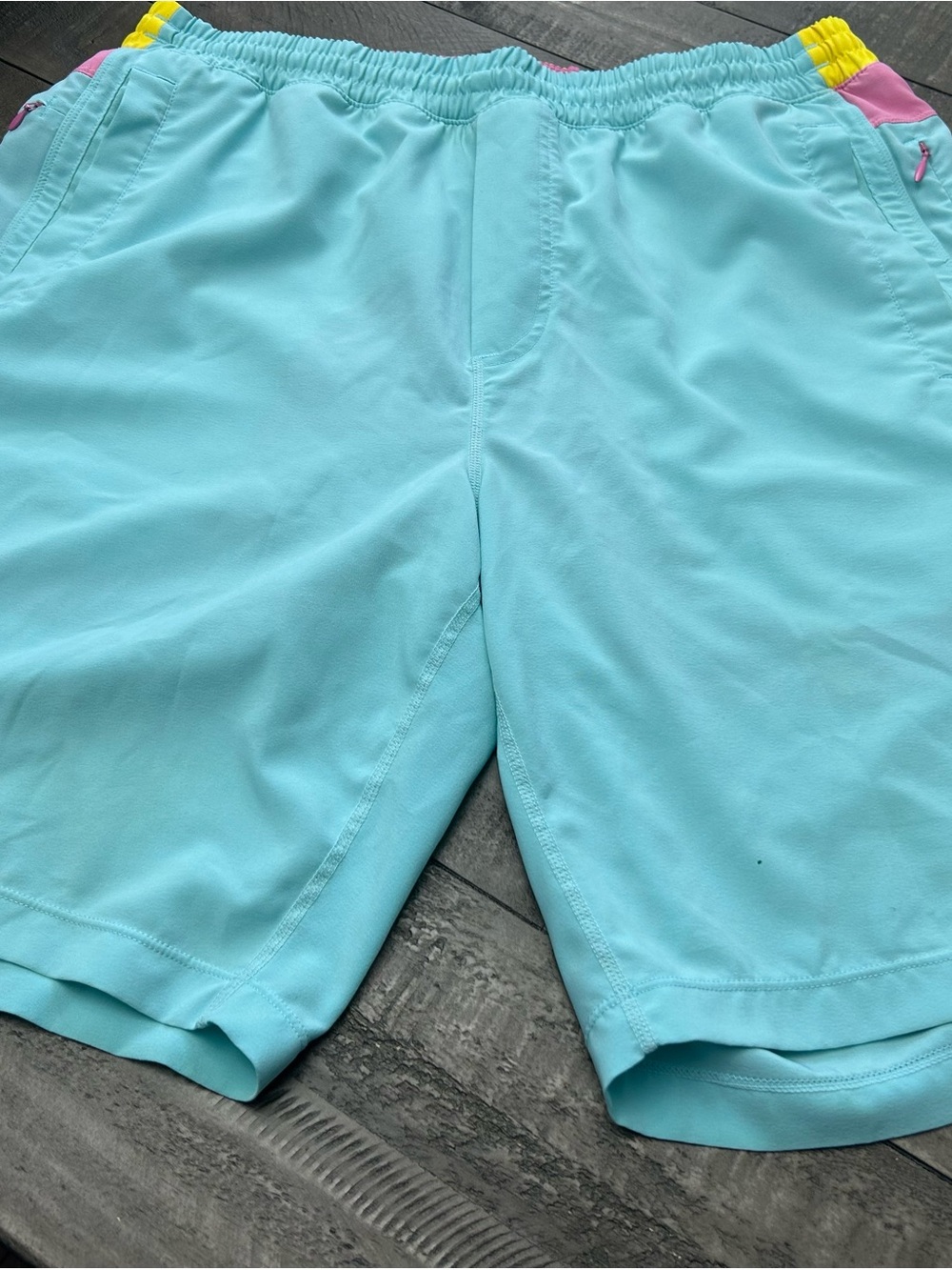 Birddogs Men's Athletic Shorts in Aqua with Pink and Yellow Waistband